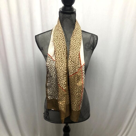 Vintage Brown Cream Rectangle Scarf Abstract Leaf Print 11.25 x 52in - Picture 1 of 5